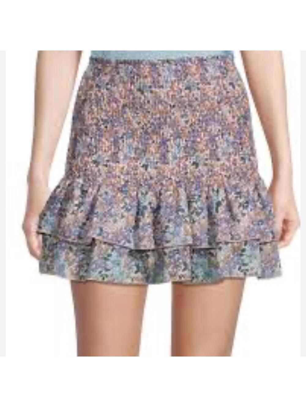 Jacquie The Label Floral Mini Skirt Blue Smocked Ruffle Tiered
